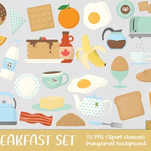 Ontbijt Clipart Set - brunch, ei, spek, afbeelding, afdrukbare, croissant, toast, thee, koffie, pastel, sinaasappel, melk, sap (Instant Download)