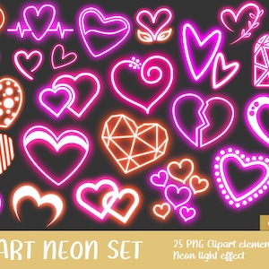 Hart neon clipartset - gloed, gloeiend, feest, afbeelding, afdrukbaar, valentijnsdag, disco, roze, licht (direct downloaden)