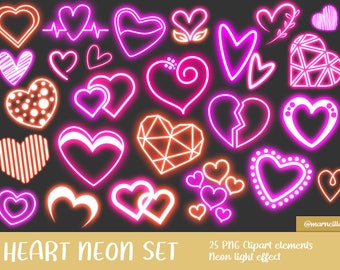 Corazón de neón, imágenes prediseñadas de fiesta de neón, imágenes prediseñadas de los 90, paquete de imágenes prediseñadas de neón, decoración de fiesta de neón, cumpleaños de neón, invitación de neón, brillo de neón, fiesta luminosa