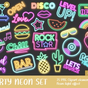 Party Neon Clipart Set - Schild, Regenbogen, Glühen, Getränk, Disko, Pink, Party, Ananas, Musik, Bild, druckbar (Instant Download)