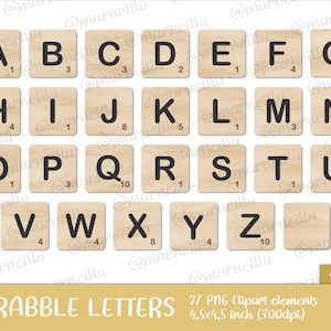 Set di clipart di lettere di Scrabble - coda, code, legno, immagine, stampabile, legno, alfabeto, gioco (download immediato)