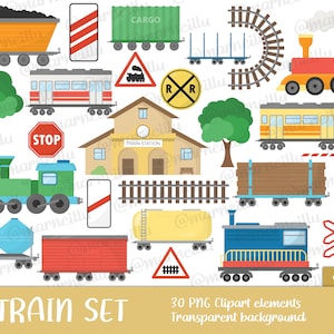 Conjunto de imágenes prediseñadas de tren: estación, transporte, juguete, imagen, imprimible, señal, tráfico, luz, riel, ferrocarril, vagón, carga (descarga instantánea)