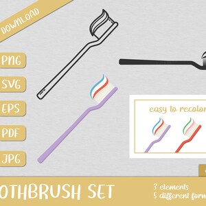 Puede incluir: Un conjunto de ilustraciones digitales con tres diseños de cepillos de dientes. Uno es un contorno negro, otro es negro sólido y el tercero es un cepillo de dientes morado con pasta dental. El texto "TOOTHBRUSH SET" se muestra.