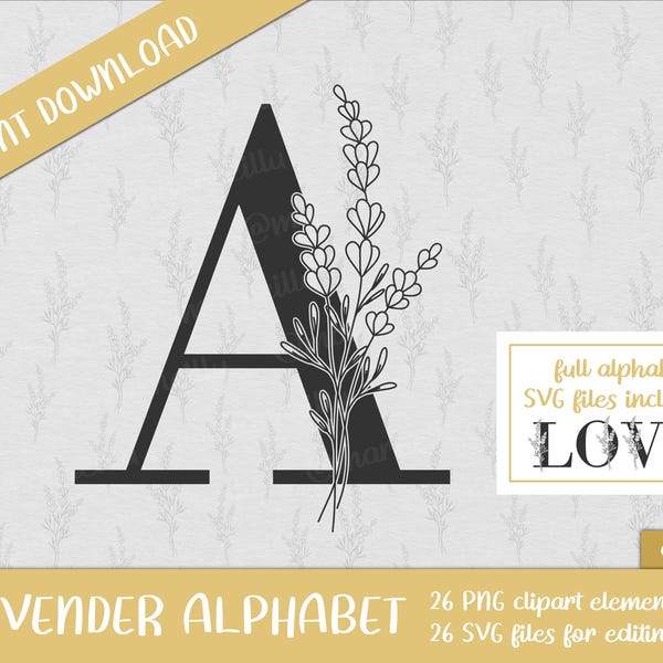 Lavender Alphabet Clipart Set - floral, characters, flower, letter (Instant Download)