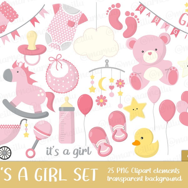 It's a Girl Clipart Set - baby, shower, toys, image, printable, bottle, carriage, stroller, body, teddy, baloons, pink (Instant Download)