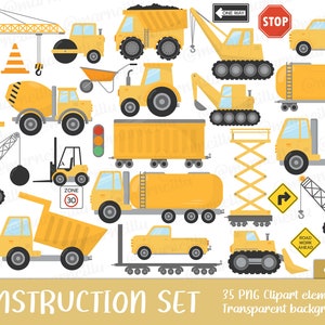 Ensemble de clipart construction - voiture, tracteur, camion, grue, bâtiment, véhicule, cricut, image, imprimable, signe, circulation (téléchargement instantané)