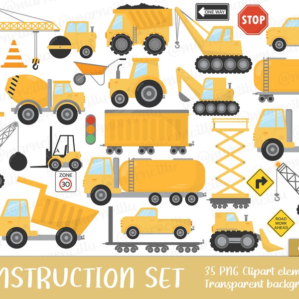 Baustelle Clipart Set - Auto, Traktor, LKW, Kran, Fahrzeug, Cricut, bedruckbar, Schild, Verkehrsschild (Instant Download)