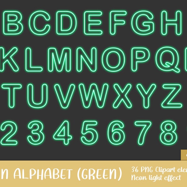 Green Neon Alphabet Clipart Set - glow, image, printable, letter, letters, party, disco, dark, glowing, sign (Instand Download)