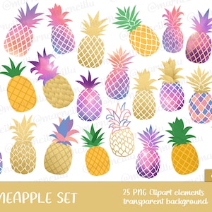 Ananas Clipart Set - fruit, exotique, coloré, texture, aquarelle, image, imprimable, couleurs, rose, couleurs (Téléchargement immédiat)