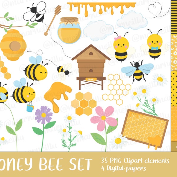 Honey Bee Clipart Set - bee, bees, honey, hive, image, printable, comb, honeycomb, bumblebee, queen, flower, cricut  (Instant Download)