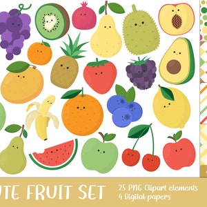 Puede incluir: Ilustraciones de frutas de estilo caricatura, que incluyen fruta del dragón, uvas, kiwi, granada, pera, durián, melocotón, aguacate, ciruela, mango, piña, fresa, mora, arándanos, limón, frambuesa, plátano, naranja, sandía, manzana y cerezas. El texto dice "CUTE FRUIT SET".