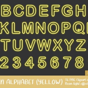 Conjunto de imágenes prediseñadas del alfabeto de neón amarillo: brillo, imagen, imprimible, letra, letras, fiesta, discoteca, oscuro, brillante, señal (descarga instantánea)