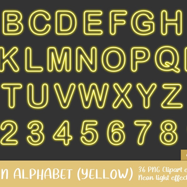 Yellow Neon Alphabet Clipart Set - glow, image, printable, letter, letters, party, disco, dark, glowing, sign (Instand Download)
