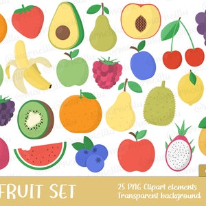 Set di clipart di frutta - mango, immagine, stampabile, avocado, banana, mela, lampone, fragola, ananas, anguria (download istantaneo)