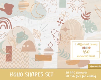 Conjunto de imágenes prediseñadas de formas bohemias – SVG y PNG, colores pastel (descarga instantánea)