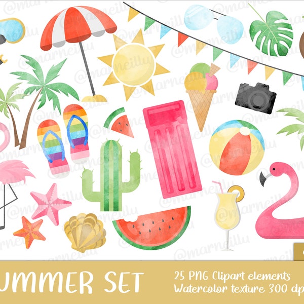 Summer Clipart Set with Watercolor texture - sun, flamingo, palm, image, printable, coconut, ice, cream, drink, glasses (Instant Download)