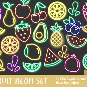 Ensemble de clipart fruits néon - lueur, image, imprimable, avocat, banane, pomme, framboise, fraise, ananas, pastèque (téléchargement instantané)