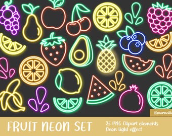 Fruta neón, imágenes prediseñadas de fiesta neón, imágenes prediseñadas de los 90, paquete de imágenes prediseñadas neón, decoración de fiesta neón, cumpleaños neón, invitación neón, brillo neón, fiesta luminosa