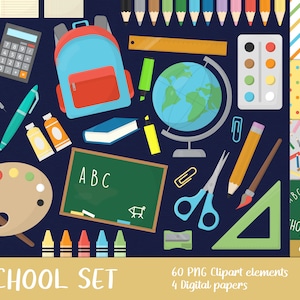 School/Art Supplies Clipart Set - pencil, crayon, printable, paints, pen, rubber, color, colour, board, chalk, book (Instant Download)