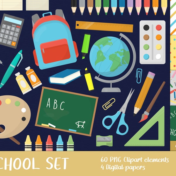 School/Art Supplies Clipart Set - pencil, crayon, printable, paints, pen, rubber, color, colour, board, chalk, book (Instant Download)