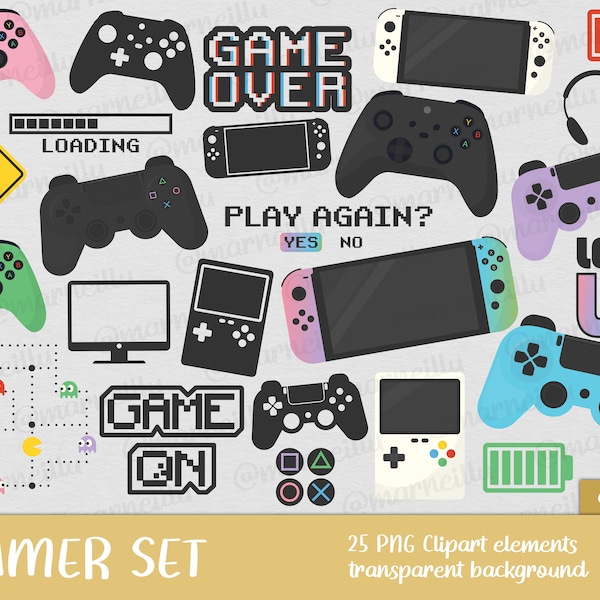 Gamer Clipart Set - videogames, gaming, console, game, over, play, gamepad, pc, computer, level, cricut, image, printable (Instant Download)