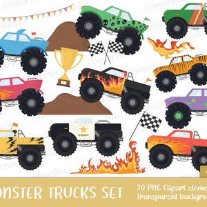 Monster Trucks Clipart Set - big trucks, flames, racing, car, pick up, boy, cricut, image, printable, flame (Instant Download)