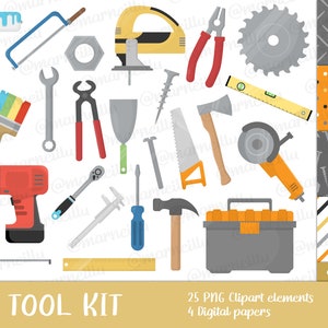 Conjunto de imágenes prediseñadas del kit de herramientas: taladro, sierra, martillo, imagen, imprimible, práctico, perno, artesanía (descarga instantánea)