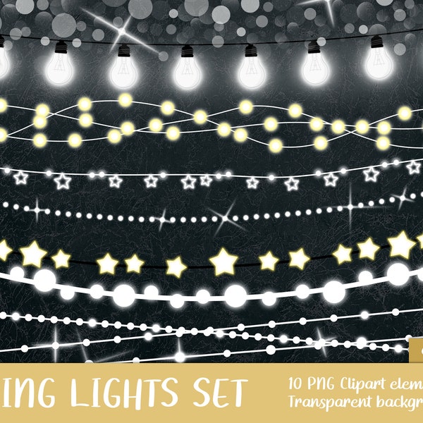 String Lights Clipart Set - glow, glowing, night, image, printable, bulb, bulbs, star, disco, party (Instant Download)