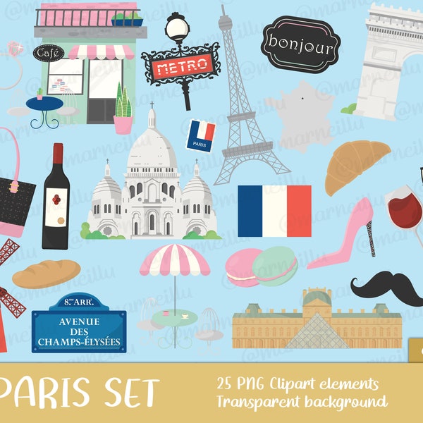 Paris Clipart Set - travelling, eiffel, tower, image, printable, macarons, arc, flag, france, sign, wine, louvre, city (Instant Download)