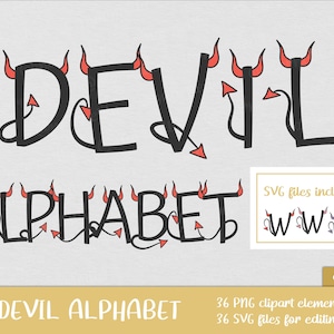 Puede incluir: Un conjunto de 36 letras del alfabeto en blanco y negro con cuernos de diablo rojos. Las letras están en un estilo de dibujos animados juguetón. El texto "DEVIL ALPHABET" y "SVG files included" también están incluidos en la imagen.
