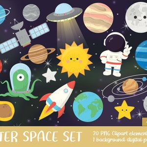 Outer Space Clipart Set - Sterne, Weltall, Planeten, Sonnensystem, Bild, druckbar, Rakete, Universum, Astronaut, Alien (Instant Download)
