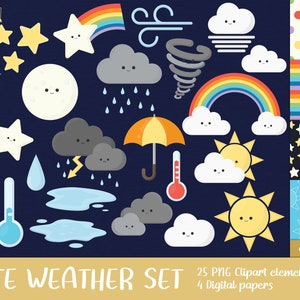 Cute Cartoon Weather Clipart Set - soleil, tempête, image, imprimable, nuage, vent, neige, pluie, goutte, lune, jour, nuit, arc-en-ciel (Téléchargement instantané)