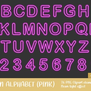 Roze neon alfabet clipartset - gloed, afbeelding, afdrukbaar, letter, letters, feest, disco, donker, gloeiend, teken (Instand Download)