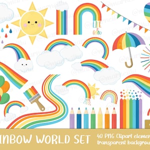 Rainbow World Clipart Set - colores, colores, imagen, imprimible, lápices, clima, nube, sol, paraguas (descarga instantánea)