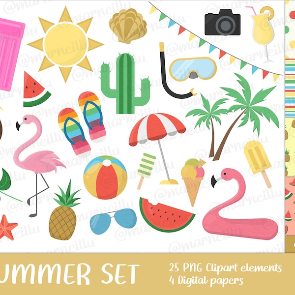 Summer Clipart Set - sun, flamingo, palm, coconut, ice, cream, drink, glasses, diving, cactus, image, printable, beach (Instant Download)