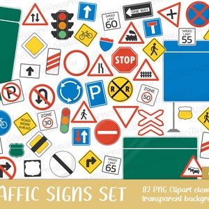Verkeers-/verkeersborden Clipart Set - stop, let op, spoor, snelweg, straat, snelheid, limiet, vervoer, waarschuwing, afbeelding, afdrukbaar (directe download)