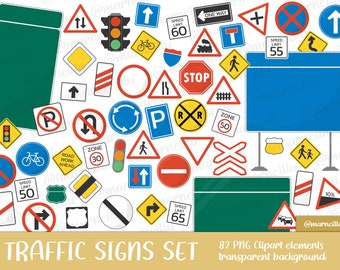 Road/Traffic Signs Clipart Set - stop, caution, rail, highway, street, speed, limit, transport, warning, image, printable (Instant Download)