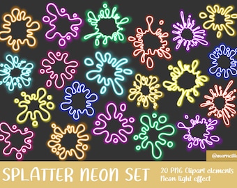Salpicaduras de neón, imágenes prediseñadas de fiesta neón, imágenes prediseñadas de los 90, paquete de imágenes prediseñadas neón, decoración de fiesta neón, cumpleaños neón, invitación neón, brillo neón, fiesta luminosa