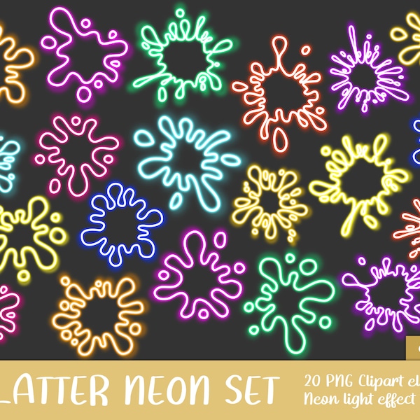 Neon Splatters Clipart Set - glow, image, printable, splatter, splash, party, disco (Instant Download)