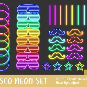 Neon Supplies Clipart Set - glow, image, printable, bracelet, stick, star, party, disco, glasses (Instant Download)