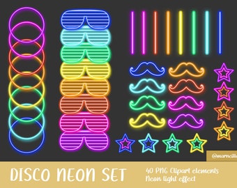 May include: A collection of neon-style clip art elements in various colors, including circles, sunglasses, mustaches, stars, and vertical lines. The text "DISCO NEON SET" and "40 PNG Clipart elements Neon light effect" are also present.