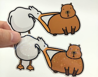 Pelican Bites Capybara Meme Sticker / Glossy & Holo Stickers