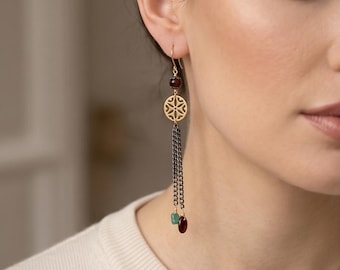 Earrings Long Light Vintage Style Gemstone Amber Turquoise Rustic Hippie Boho Delicate Minimalist Ethnic Feminine Sun Star