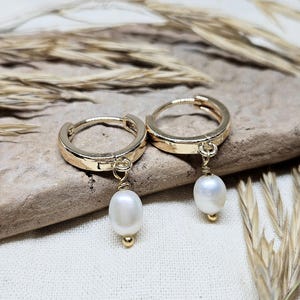 Golden hoop earrings with freshwater pearls | Gold-plated gold earrings for a classy look | Perfect gift for women