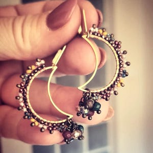 Seed bead dangle earrings - Crescent moon luxe earrings, pearl earrings, handwoven Miyuki bead dangle earrings with elegant brass earrings