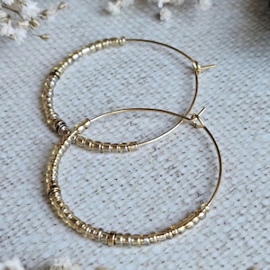 Brass Large Hoop Earrings | Toho Hoop Earrings | Minimalistic Ethnic Earrings | Light, Golden, Filigree Hoop Earrings