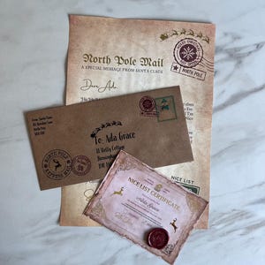 Carta personalizada a Papá Noel y certificado de lista de buenos deseos / Paquete de regalo de Navidad con sello de cera / Sobre de Papá Noel