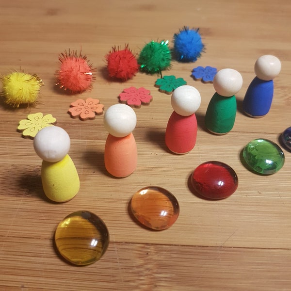 Regenbogen Sortierset mit Pegdoll Figuren, Montessori, Lernspiel