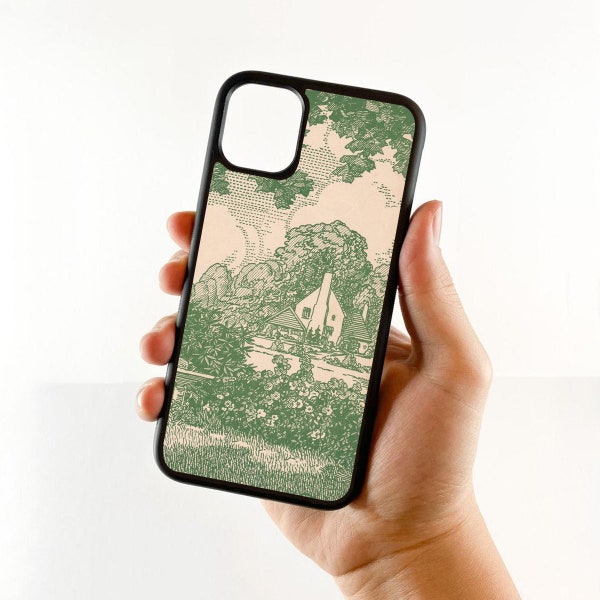 Green Vintage Toile Phone Case, iPhone 7/8, iPhone XR, iPhone 11, iPhone 12/12 Pro, iPhone 13, iPhone 14, iPhone 15, iPhone 15 Pro
