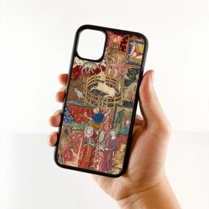 May include: Black phone case with a medieval tapestry design. The case displays figures, animals, and patterns in red, gold, and blue. It has a black border and a camera cutout.